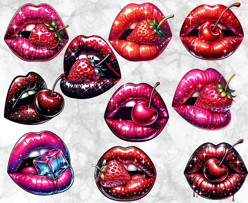Lips Theme Glamour Lips Clipart Bundle, 47 PNG Glossy Lips, Glitter Lip Art 15x15 ...