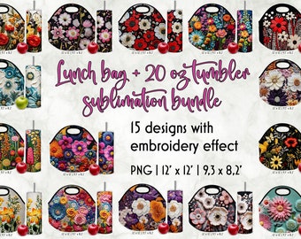 Embroidery Effect Floral Lunch Bag Designs Bundle | Lunch Bag Print | Embroidery Flowers PNG | Spring Flowers Tumbler Wrap | Digital Art