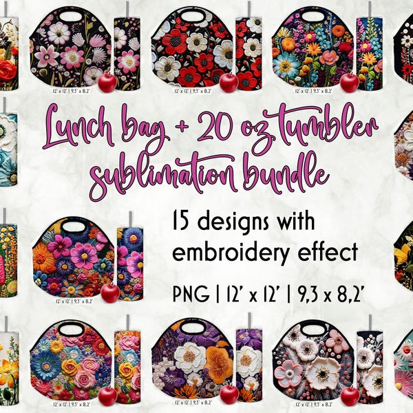 Embroidery Effect Floral Lunch Bag Designs Bundle | Lunch Bag Print | Embroidery Flowers PNG | Spring Flowers Tumbler Wrap | Digital Art