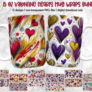 Valentine&#39;s Hearts Mugs Wrap Bundle | Abstract Valentines Day Mug Design| Modern Heart Motifs PNG | 15 oz Mug Wraps Bundle | Love Art