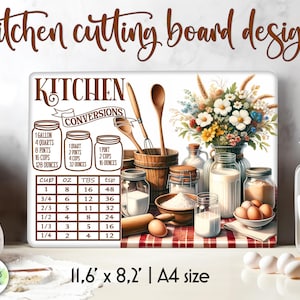 Puede incluir: Una tabla de cortar blanca con un borde marrón y una tabla de conversión de cocina. La tabla incluye medidas para tazas, onzas, cucharadas y cucharaditas. La tabla también presenta un diseño floral con un ramo de flores en un jarrón y utensilios de cocina.