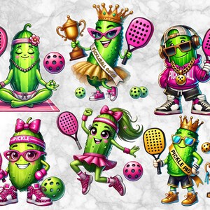 May include: A collection of cartoon pickle characters in various poses, each with unique accessories. One is meditating, others hold pickleball paddles, wear crowns, and sport sunglasses. The characters are set against a white marble background.
