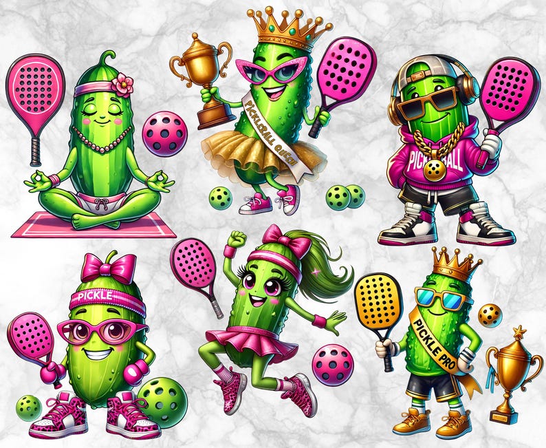 May include: A collection of cartoon pickle characters in various poses, each with unique accessories. One is meditating, others hold pickleball paddles, wear crowns, and sport sunglasses. The characters are set against a white marble background.