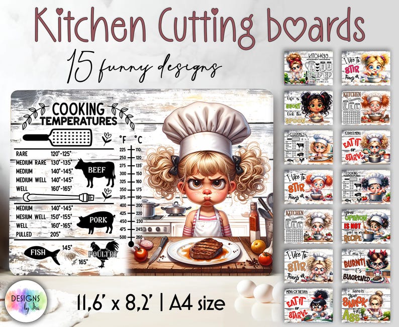 May include: A set of 15 kitchen cutting boards with funny designs. Each board features a cartoon chef girl with different sayings like "I like to stir things up" and "Eat it or starve". The boards are 11.6 inches by 8.2 inches and are A4 size.