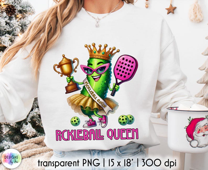 Op de afbeelding: Witte sweatshirt met een cartoon augurkenpersonage met een kroon, zonnebril en een tutu, met een trofee en een roze pickleball-peddel. De tekst "PICKLEBALL QUEEN" wordt in het roze weergegeven. Er worden ook twee pickleballs getoond.