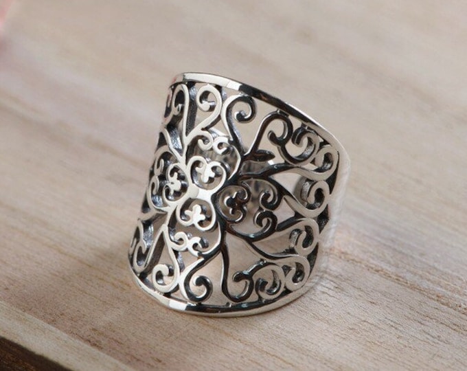 Sterling zilveren ring, bloemen zilveren ring, verstelbaar, vintage-geïnspireerd ontwerp, elegant damescadeau, unieke ambachtelijke sieraden