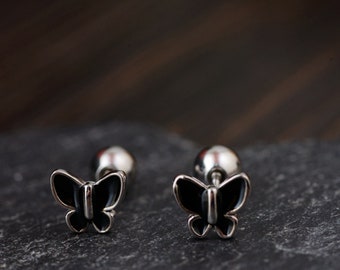 Sterling Silver Stud Earrings, Black Butterfly, Handmade Sterling Silver Minimalist Jewelry, Gift for her