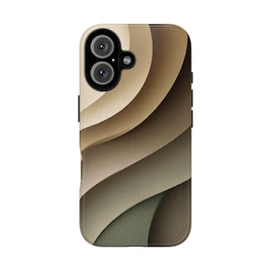 Puede incluir: Funda de teléfono inteligente con un diseño abstracto en capas en tonos beige, bronceado y marrón. La funda tiene un acabado brillante y un recorte para la cámara en la parte superior. El diseño crea una sensación de profundidad y textura.