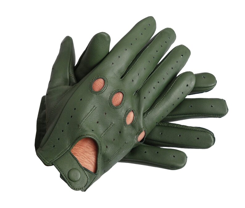 Men's Genuine Leather Handmade Driving Gloves with Knuckle Holes Green