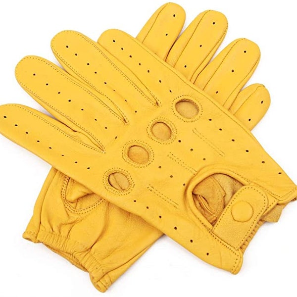 Men's Handmade Genuine Leather Driving Gloves with Knuckle Holes