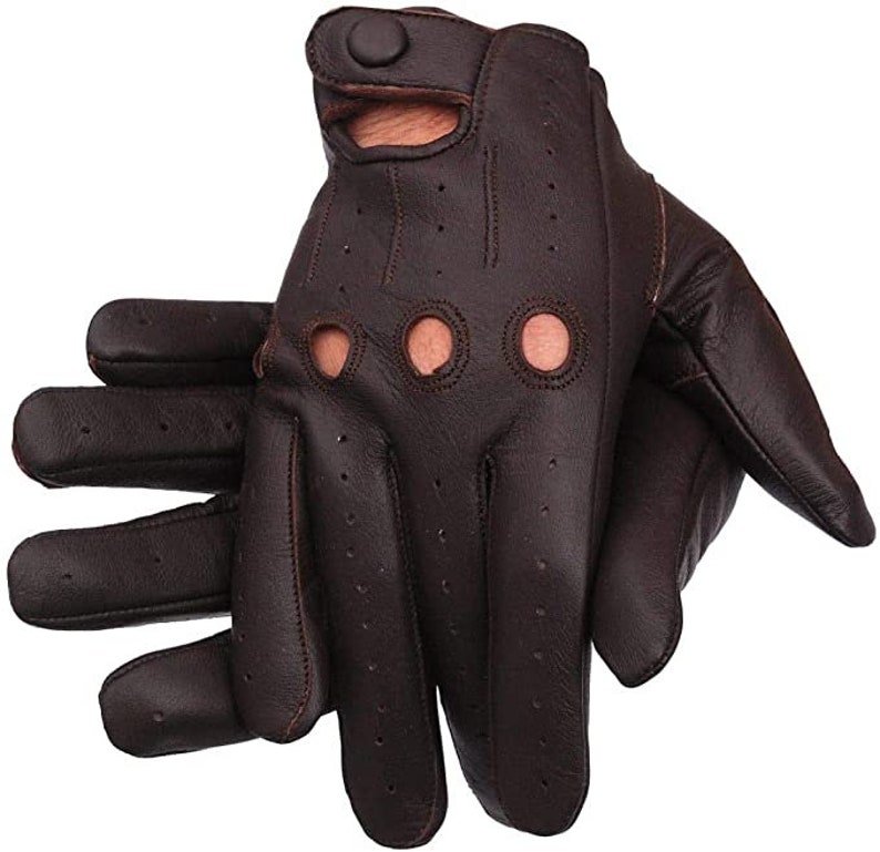 Men's Genuine Leather Handmade Driving Gloves with Knuckle Holes Brown