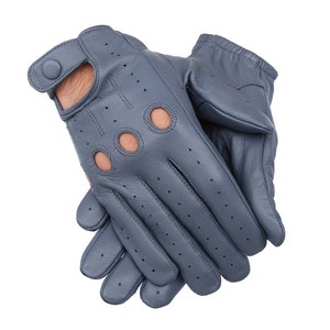 Men's Genuine Leather Handmade Driving Gloves with Knuckle Holes Gray