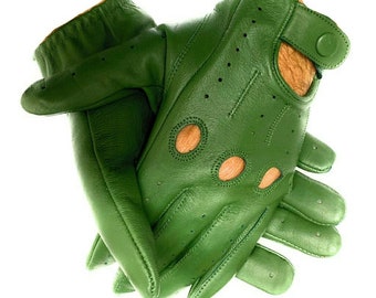 Men's Handmade Genuine Leather Driving Gloves with Knuckle Holes
