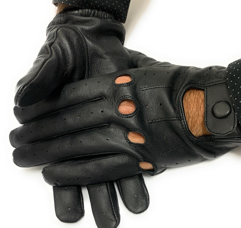 Men's Genuine Leather Handmade Driving Gloves with Knuckle Holes Black
