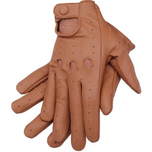 Men's Genuine Leather Handmade Driving Gloves with Knuckle Holes Tan