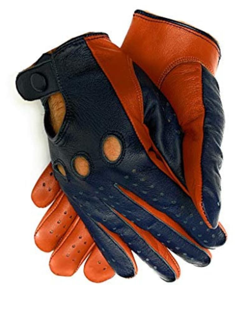 Men's Genuine Leather Handmade Driving Gloves with Knuckle Holes Rust & Navy Blue