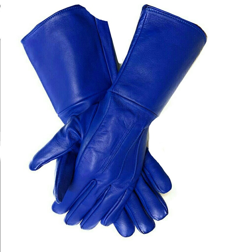 Gants de cosplay pour hommes faits à la main en cuir véritable, manchette longue, manchette médiévale Royal Blue