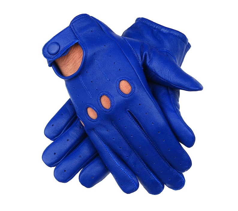 Men's Genuine Leather Handmade Driving Gloves with Knuckle Holes Royal Blue