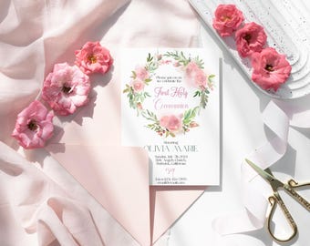 Modèle d'invitation de première communion du printemps| Invitation florale de première communion | Faire-part de première communion rose| Modèles modifiables