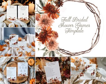 Puede incluir: Plantillas de juegos de ducha nupcial de otoño imprimibles con un diseño de corona floral. Los juegos incluyen "¿Quién conoce mejor a la novia?", "Recuerdos de la novia", "Bingo nupcial" y "Deseos de la noche de la novia".