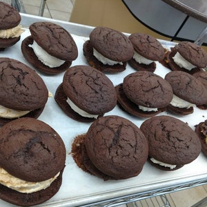 12 whoopie pies with Plain, Peanut Butter or Coffee filling.