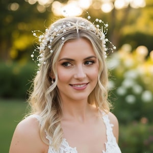 Bohemian Pearl Headband, Nautical Bridal Accessory, Mermaid Bridal Tiara, Starry Hair Wreath