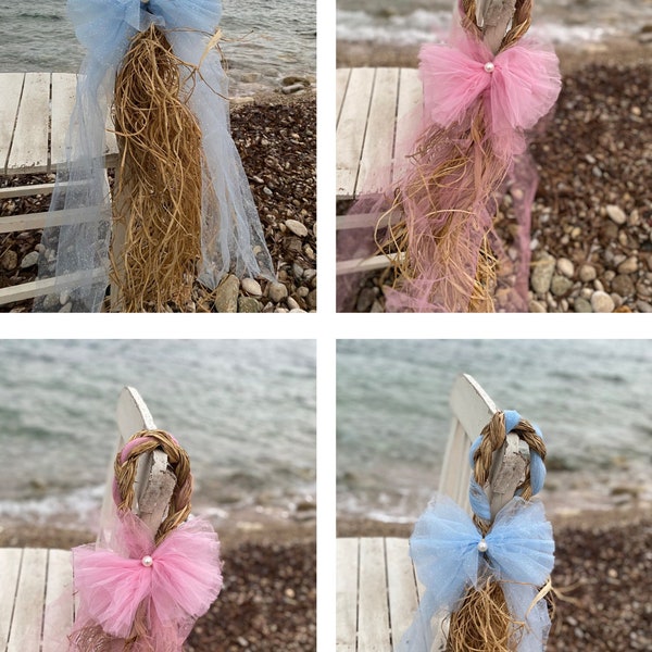 Wedding Chair Hanger, Beach Wedding Aisle Decor, Raffia Fantasy Chairs, Raffia Tale Embellishments, Baby Dream Tulle Ensemble,