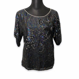 Vintage Nandan lentejuelas top mujer mediana grande