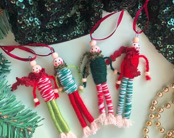 Christmas tree ornament set of 4, Christmas elves, funky Christmas decor, green and red Christmas ornaments, quirky Christmas decor