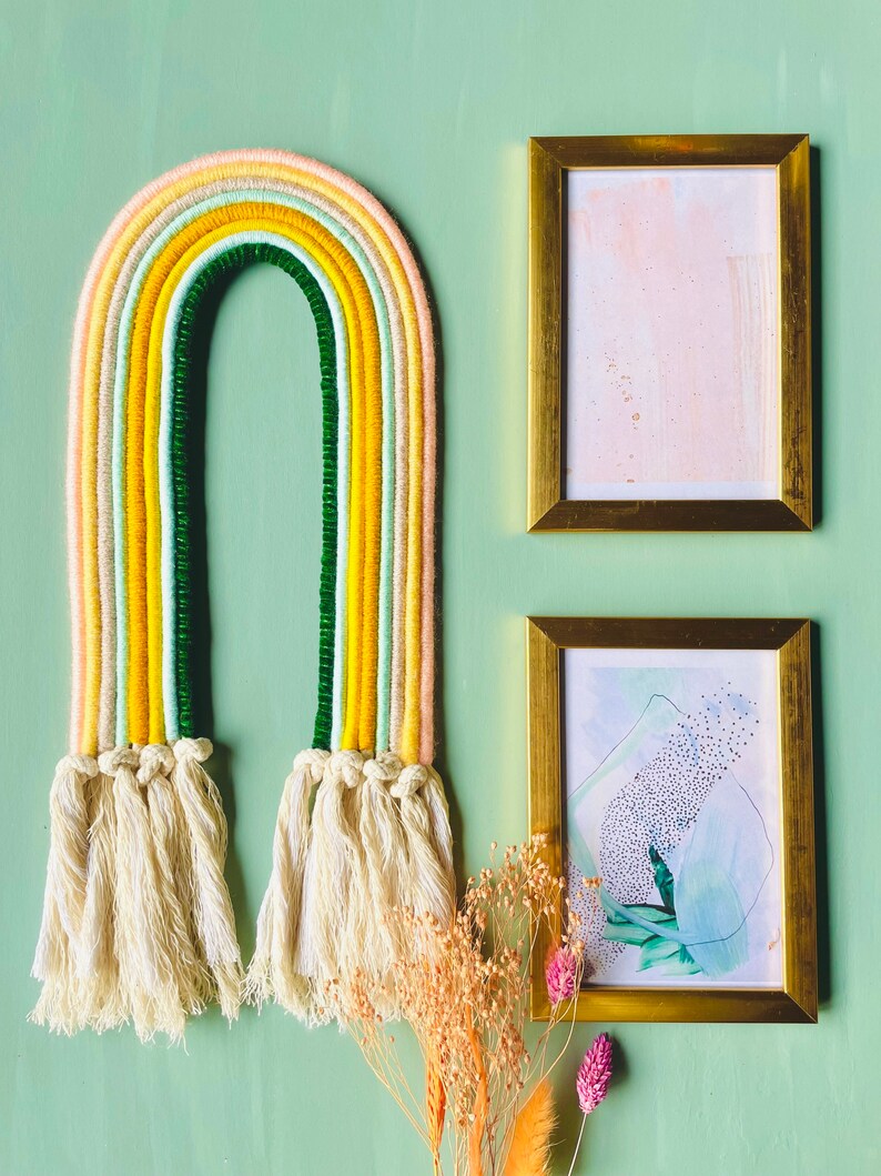 Rainbow wall art, macrame rainbow wall hanging, green and sage home accessory, trendy home decor, eclectic interior decor image 6