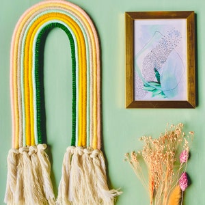 Rainbow wall art, macrame rainbow wall hanging, green and sage home accessory, trendy home decor, eclectic interior decor image 2