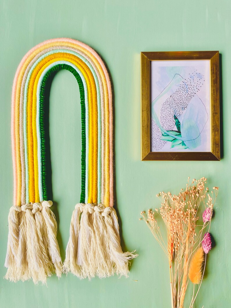 Rainbow wall art, macrame rainbow wall hanging, green and sage home accessory, trendy home decor, eclectic interior decor image 2