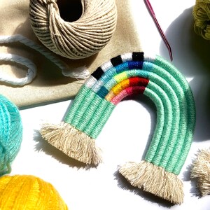 COLOUR SPLASH boho rainbow macrame wall hanging, handcrafted nursery decor, fibre art green, baby shower, Mothers Day gift, tapestry image 5