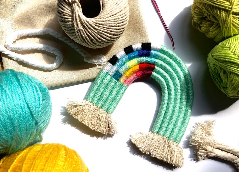 COLOUR SPLASH boho rainbow macrame wall hanging, handcrafted nursery decor, fibre art green, baby shower, Mothers Day gift, tapestry image 5