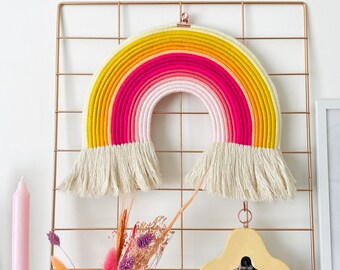 Rainbow wall hanging-HAPPINESS, macrame wall art, pink and yellow home decor, danish pastel interior decor, boho, eclectic, gift for her