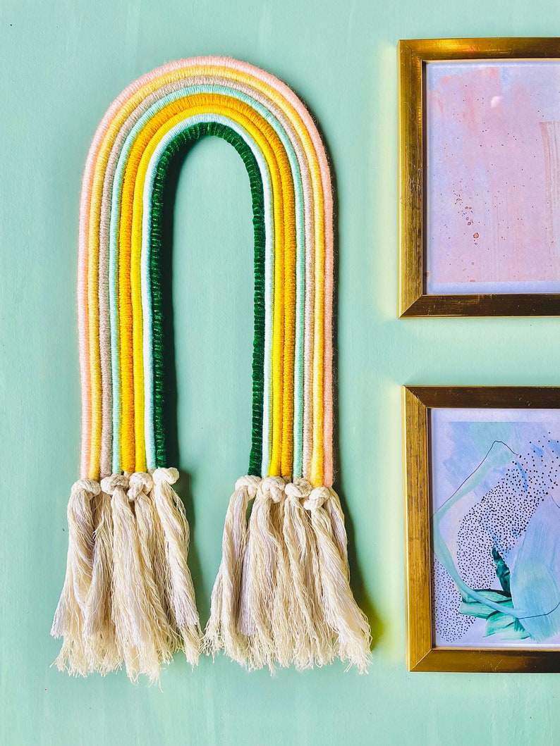 Rainbow wall art, macrame rainbow wall hanging, green and sage home accessory, trendy home decor, eclectic interior decor image 4