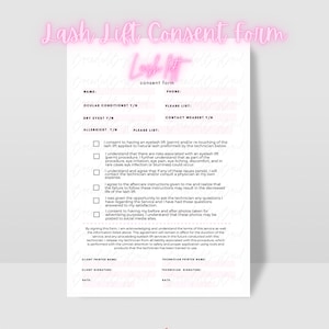 Può includere: Un modulo di consenso per il lifting delle ciglia stampabile con un titolo al neon rosa. Il modulo include sezioni per le informazioni del cliente, le allergie e un elenco di dichiarazioni di consenso che il cliente può spuntare.