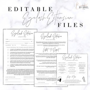 May include: Editable eyelash extension files for a beauty salon or business. The files include a consent form, patch test form, and aftercare instructions. The forms are in black and white with a simple design.