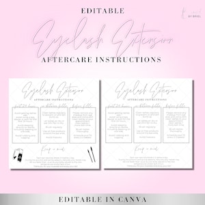 Könnte beinhalten: Zwei schwarz-weiße druckbare Karten mit Anweisungen zur Nachsorge von Wimpernverlängerungen. Die Karten tragen den Text "Eyelash Extension Aftercare Instructions" und listen Anweisungen für die ersten 24 Stunden, zwischen den Auffüllungen und vor den Auffüllungen auf. Die Karten enthalten auch einen Abschnitt "Keep in mind" mit zusätzlichen Informationen zum Wimpernausfall.
