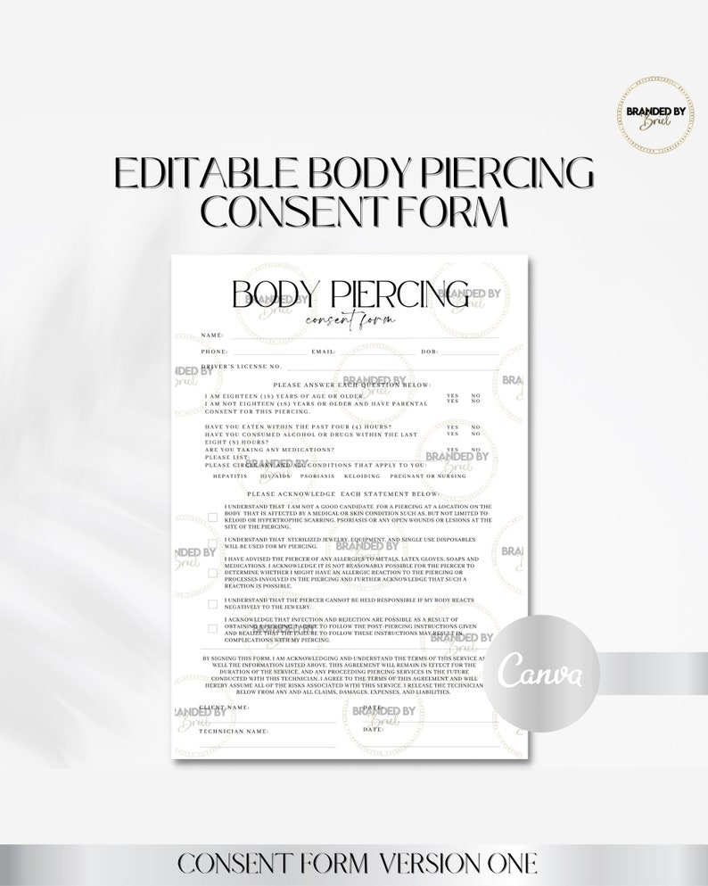 Editable Body Piercing Consent Form Template Etsy