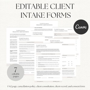 Op de afbeelding: Een set van zeven bewerkbare cliëntintakeformulieren voor wimperextensions, inclusief een FAQ-pagina, annuleringsbeleid, consultatieformulier, cliëntendossier en toestemmingsformulier. Witte documenten met zwarte tekst en een Canva-logo.