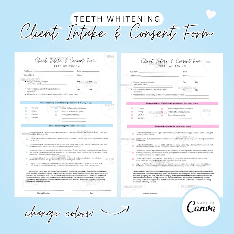 Editable Teeth Whitening Intake and Consent Form Template Etsy