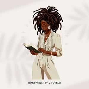Mujer afroamericana elegante con rastas leyendo sublimación clipart PNG