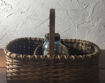 Handwoven Basket, Large Market Basket With Compartments & Handmade Oak Handle