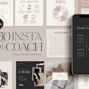 May include: A collection of social media templates for coaches. The templates feature a minimalist design with a neutral color palette of beige and black. The templates include a weekly schedule, a find word puzzle, a wheel of social media tools, and a social media post with the text "230 Insta for Coach".