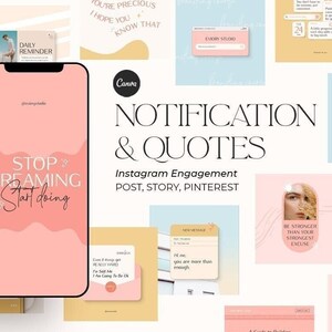Könnte beinhalten: Eine Collage aus rosa, blauen und gelben Instagram-Story-Vorlagen mit motivierenden Zitaten und Textüberlagerungen. Der Text beinhaltet "Stop Dreaming Start Doing", "Enjoy the Little Things", "Be Stronger Than Your Strongest Excuse" und "Notification & Quotes".