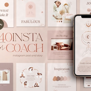May include: A collection of 240 Instagram post and story templates for coaches. The templates feature a minimalist aesthetic with a peach background and brown accents. The text "240 INSTA for COACH" is displayed in a large font. The templates include various designs, such as a yoga pose, a quote about life, and a daily reminder.