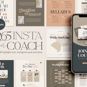 以下が含まれることがあります： コーチ向けの265種類のInstagramテンプレートのコレクションで、さまざまなデザインとテキストオーバーレイが特徴です。テンプレートには、ベージュ、ブラウン、グレーなどのニュートラルカラーで、明るい背景と暗い背景が混在しています。「事実か神話」、「成功のためのToDoリストを設定する」、「週間スケジュール」、「勉強中にメモを取る」、「コースに参加する」、「すべてはあなたの教育についてです」などのフレーズが含まれています。
