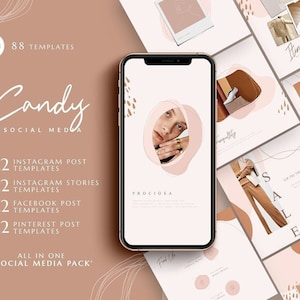 May include: A set of 88 social media templates in a pink and brown color scheme with abstract shapes and lines. The templates are designed for Instagram, Facebook, Pinterest, and Stories. The text "Candy Social Media" is featured on the image.