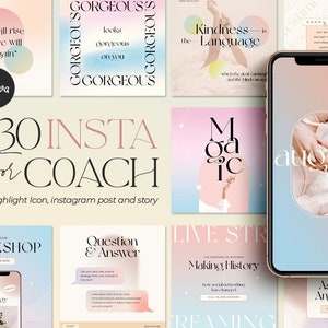 May include: A set of colourful Instagram post templates designed for coaches. The templates feature a range of designs, including abstract shapes, text overlays, and motivational quotes. The text on the templates includes "430 Insta for Coach", "Kindness is the Language", "Workshop", "Question & Answer", "Live Stream", "Making History", and "Ask Me Anything".